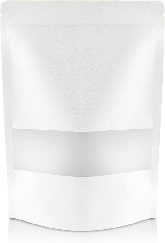 DiRose White Kraft Stand Up Pouches with Window, Reclosable Food Storage Bags, Heat Sealable Stand Up Pouch for Coffee, Candy, Nuts, Tea, Spices – 16 oz (100 Pack) by DiRose