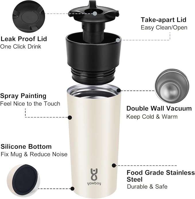 Travel Coffee Mug with 360°Lid, Travel Coffee Tumbler 12 oz Leak Proof, Stainless Steel Insulated Travel Mugs for Hot and Cold Spill Proof Leak Proof(Beige) - Image 7