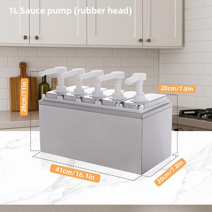 5.28 Quart Condiment Dispenser Pump,Syrup Pump Dispenser with Measuring Cup, Large Capacity Detachable Leak-Proof Design for Sauce, Honey, Syrup,Soy Sauce,Mustard,Cheese (1.06 QT, 5 pumphead)