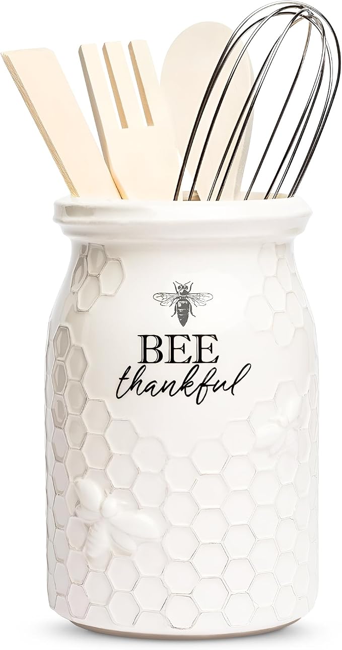 Young's Inc. Ceramic Utensil Holder for Countertop - Kitchen Crock with 3 Wooden Utensils - Large Organizer for Cooking Tools, Flatware, and More - Bee Thankful by YoungsInc