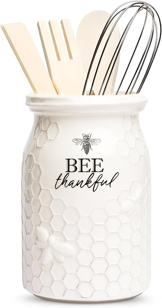 Young's Inc. Ceramic Utensil Holder for Countertop - Kitchen Crock with 3 Wooden Utensils - Large Organizer for Cooking Tools, Flatware, and More - Bee Thankful by YoungsInc