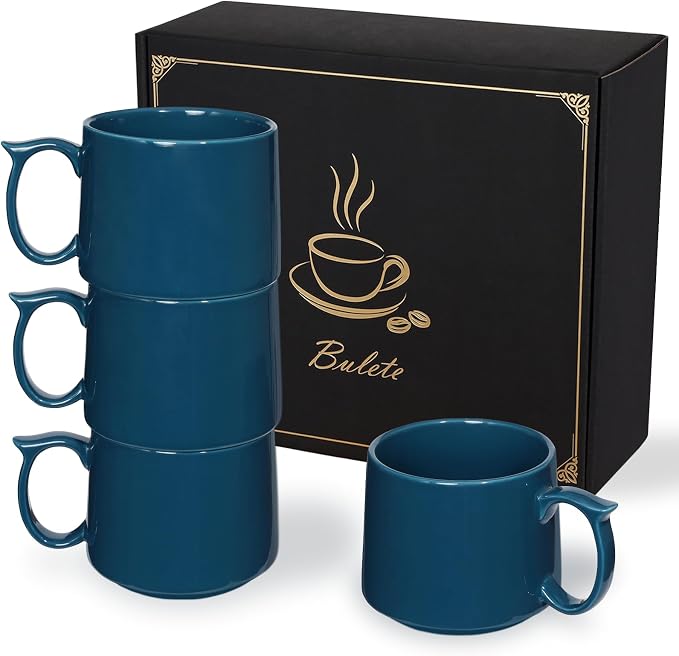 Coffee Mugs Gift Set of 4, Large 19 oz Stackable Ceramic Coffee Mug, Coffee Cups with Large Handle for Latte, Cappuccino, Milk, Dishwasher & Microwave Safe, Ideal Gift for Men, Women - Blue by Bulete