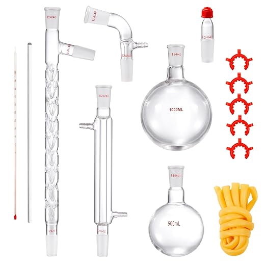 VEVOR Laboratory Distillation Set, 3.3 Borosilicate Glass Equipment with 24/40 Joint, 1000ml Capacity for Essential Oil Extraction, 14-Piece Glassware Kit by VEVOR