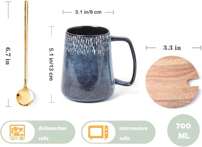 Large Ceramics Coffee Mugs,24 OZ,with Spoon and Wooden Lid,for Coffee,Tea,Large Handle Design,Microwave and Dishwasher Safe(Color:24 oz star blue set) - Image 2