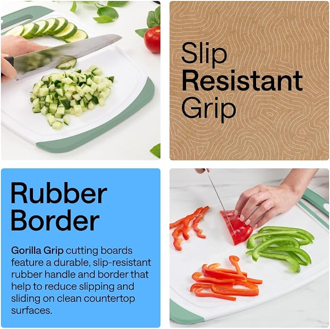 GORILLA GRIP BPA-Free Reversible Kitchen Cutting Board Set of 3, US Designed, Nonporous, Juice Grooves Catch Liquid, Slip Resistant Border, Dishwasher Safe, Durable Large Food Chopping Boards, Mint - Image 3