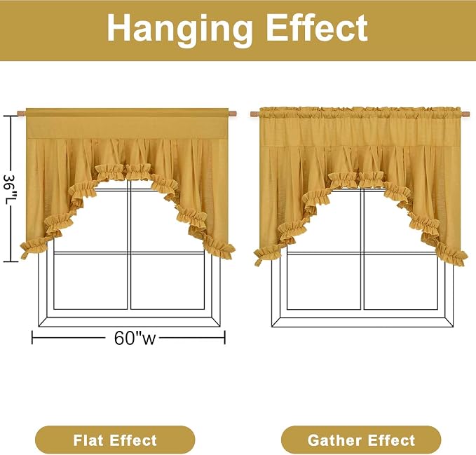 Likiyol Linen Valances for Windows Farmhouse Ruffle Swag Valance Rustic Country Window Valances Light Filtering Kitchen Curtains Rod Pocket Valance Curtains for Bathroom Cafe, Yellow, 60" W x 36" L - Image 2