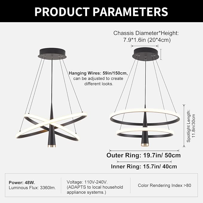 ORANOOR Modern LED Chandelier, Dimmable 20inch Black Kitchen Pendant Lights | Dining Room Light Fixtures Ceiling Hanging, 2 Ring Round LED Chandeliers for Bedroom Living Room Staircase Over Table, 3360lm - Image 5