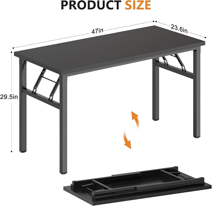 DlandHome 47 Inch Folding Computer Desk, Fully Assembled, Black | Foldable Writing Table, Portable Activity Conference Table for Home Office, Wood Top Metal Frame, Collapsible Easy Storage - Image 3