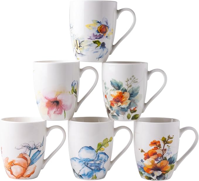 GBhome 12oz Coffee Mugs Set fo 6, Ceramic Coffee Mugs with Decaled Flowers for Man Woman Mom Dad, Light Weight Coffee Mugs Set for Latte/Cappuccino/Cocoa/Milk, Dishwasher & Microwave Safe by GBhome