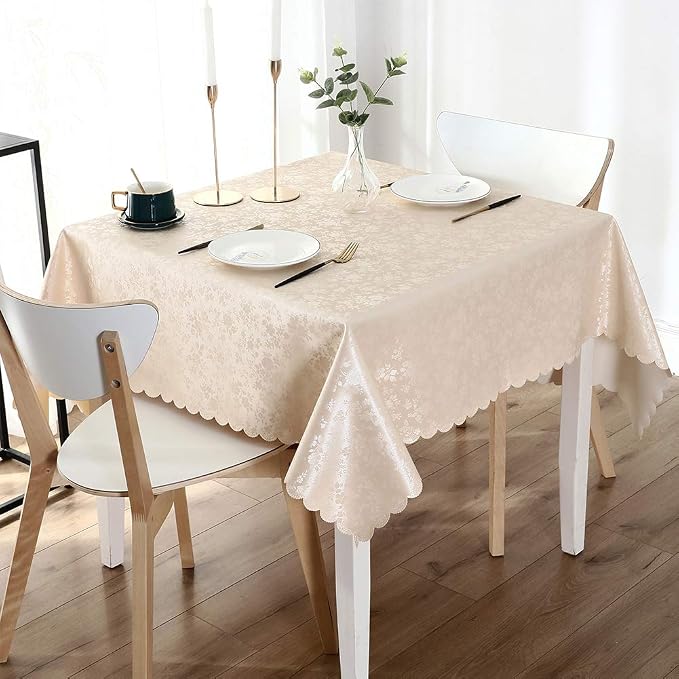 Smiry Square Waterproof Heavy Duty Vinyl Tablecloths, 54 x 54 Inch | Wipeable Washable Floral Embossed Table Cover for Kitchen and Dining Room, Indoor & Outdoor Use, Beige by Smiry
