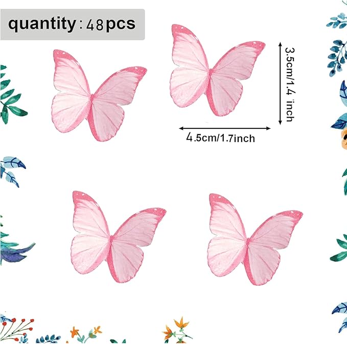 48Pcs Edible Butterflies for Cake Decorations Pink Wafer Paper Butterfly Cupcake Toppers Wafer Glutinous Paper Butterflies for Wedding Baby Shower Kids Birthday Party Cupcakes Decorating (Pink) - Image 2