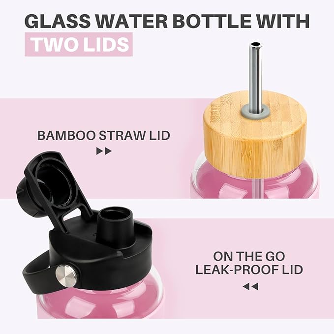 PROBTTL Glass Water Bottles, 1 Liter Glass Tumbler, Borosilicate Water Bottle with Straw, Silicone Sleeve, 2 Lids - Handle Spout & Bamboo Straw Lid, Fits Car Cup Holder (Pink, 40 Ounces)