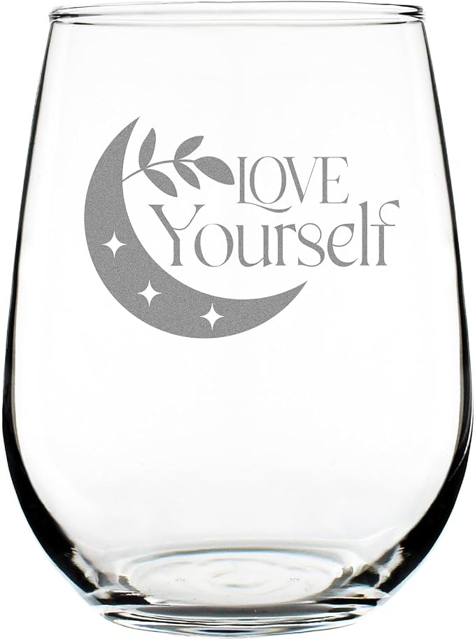 Love Yourself Celestial Moon 17oz Stemless Wine Glass, Hand Engraved Etched Glassware for Her Self Care by Make+Your+Mark+Design