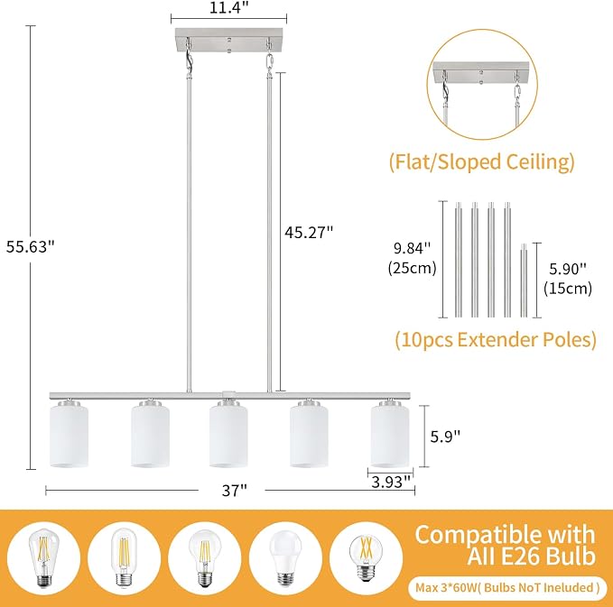 5-Light Kitchen Island Lighting Brushed Nickel Dining Room Light Fixtures | Modern Linear Chandelier Over Table, Adjustable Kitchen Lighting Fixtures Over Island with White Frosted Glass - Image 4