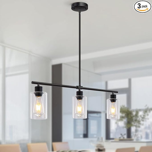 Kitchen Island Lighting, 3 Lights Linear Chandeliers Rectangle Pendant Light Fixtures for Dining Room Farmhouse Hanging Light with Glass Shades(Black) by Yarlkav