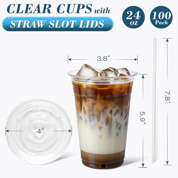 Ginkgo 100 Pack 24oz Clear Plastic Cups with Lids and Straws | Leak-Proof & Sturdy Disposable To Go Iced Coffee Cups for Smoothies, Lemonade - Image 2