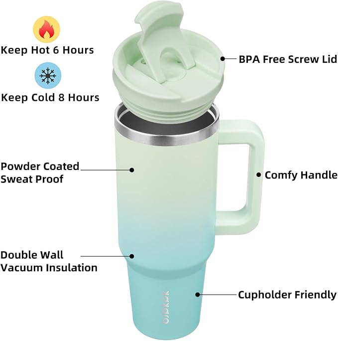 BJPKPK 40 oz Insulated Tumbler with Handle & Straw, Stainless Steel | Double Wall Vacuum Insulation, Leak Proof, BPA Free, Dishwasher Safe, Cupholder Friendly, Travel & Outdoor, Mint - Image 2