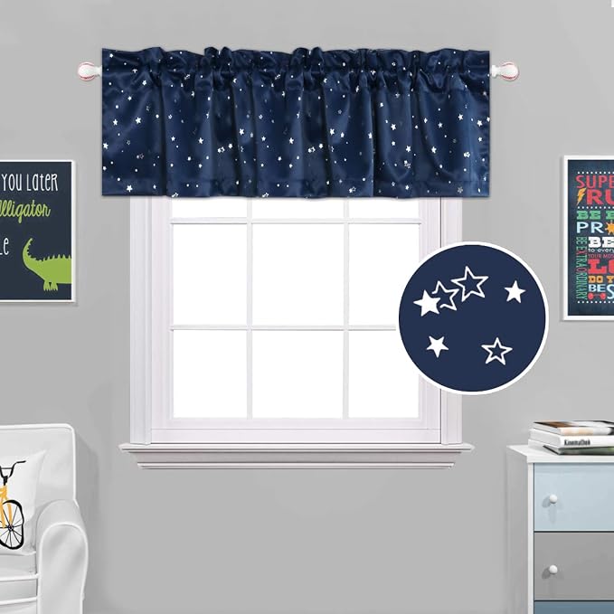 H.VERSAILTEX Blackout Curtain Valances for Kitchen Window/Living Room/Bathroom Privacy Added Rod Pocket Home Decoration Winow Valance, 52" W x 18" L, Glitter Stars in Navy Base - Image 3