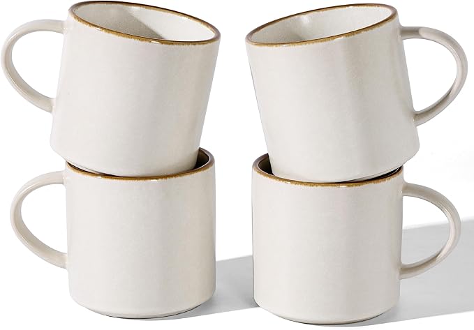 famiware Coffee Mugs Set of 4 Nebula 14oz Coffee Mugs, Ceramic Cup Set with Handle for Latte, Tea, Milk, Cappuccino, Cocoa, Matte Beige White with Brown Rim by Famiware