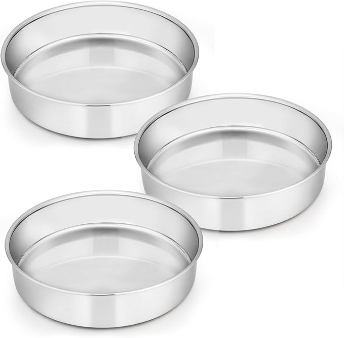 E-far 8 Inch Cake Pan Set of 3, Stainless Steel Round Layer Cake Baking Pans, Non-Toxic & Healthy, Mirror Finish & Dishwasher Safe by E-far