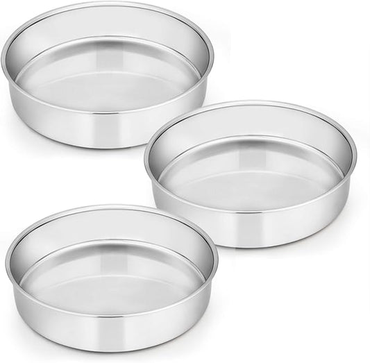 E-far 8 Inch Cake Pan Set of 3, Stainless Steel Round Layer Cake Baking Pans, Non-Toxic & Healthy, Mirror Finish & Dishwasher Safe by E-far
