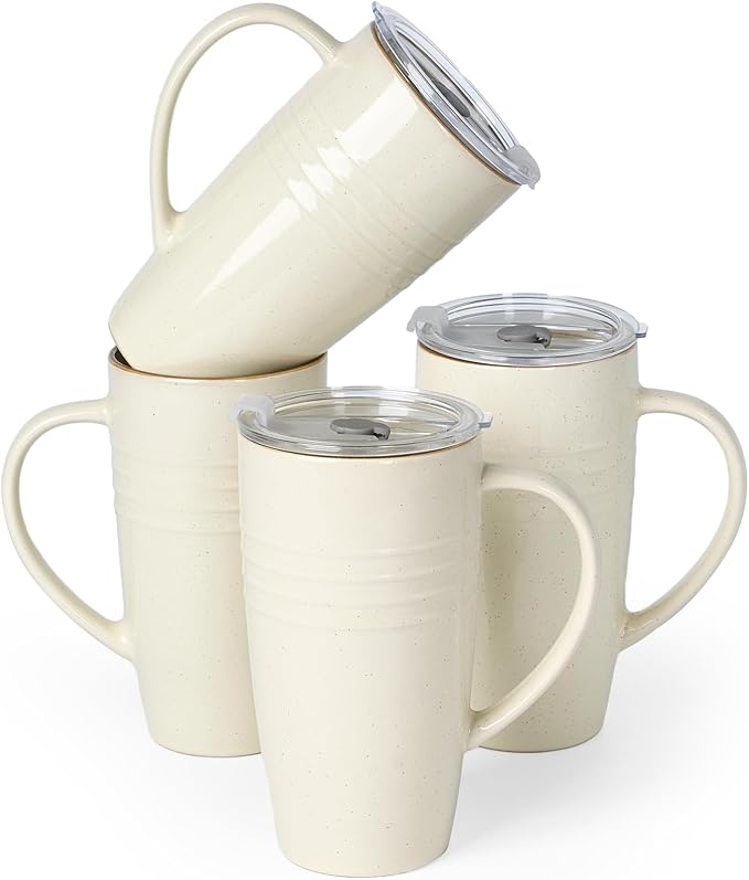 famiware Jupiter Large Coffee Mug, 20oz Coffee Mug with Lid, Ceramic Mugs Set of 4, Cup Set with Handle for Latte, Tea, Cocoa, Milk, Home & Office, Microwave and Dishwasher Safe, Vanilla White by Famiware