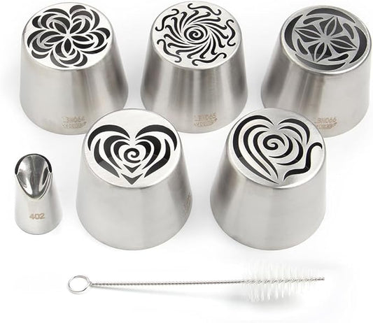 5 Pieces Stainless Steel XXL Russian Icing Nozzle Kit with 1 Ruffle Tip & 1 Clean Brush,Cake Decorating Frosting Piping Tip,Pastry Baking Tools