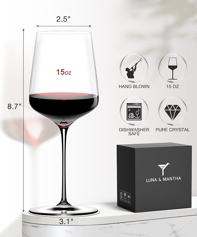 Red Wine Glasses Set of 6, 15oz Crystal Hand Blown, Long Stem, Gift | Clear, Wtite Wine Glass, Ideal for Daily Use, Party, Great Gift for Birthdays, Christmas - Image 6