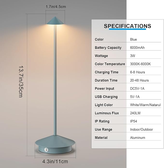 Cordless LED Table Lamps,Portable Battery Desk Lamp,2 Pack,Blue | 6000mAh Rechargeable,3000K/4500K/6000K Touch Stepless Dimming,Aluminum IP54 Waterproof Wireless Lighting for Outdoor/Indoor - Image 8