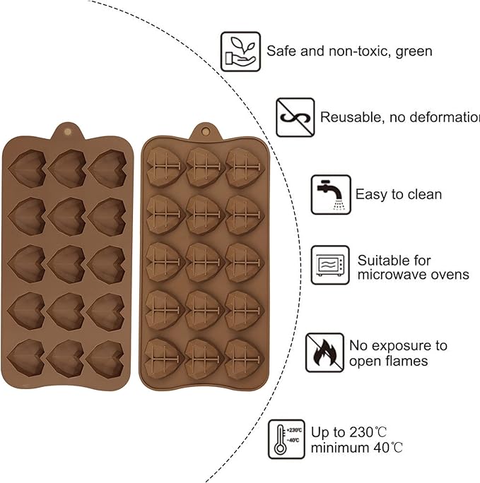 2 Pack Diamond Heart Shaped Chocolate Mold - 15 Holes 3D Heart Mousse Cake Mold - Silicone Mini Baking Pan for Dessert Mousses & Jelly - Wedding & Party