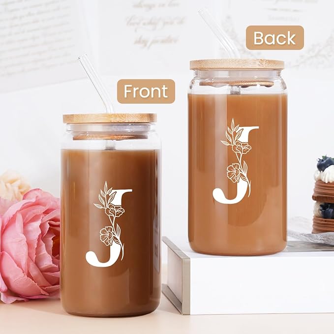 SANDJEST Monogrammed Gifts for Women - Monogram J Initial Glass Cup 16 Oz Can Coffee Cups with Lid and Straw - Monogram Initials Gifts for Womens on Birthday