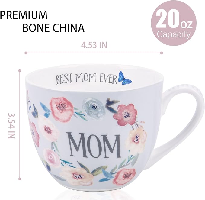 Best Mom Ever Coffee Mug - 20 oz Large Bone China Mug with Floral Design, Thoughtful Mothers Day Gifts for Mom Women, Designed in England by Harvest Green Studio - Image 3