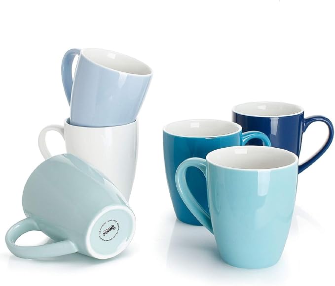 Sweese Porcelain Coffee Mugs - 16 Ounce - Set of 6, Cups for Latte, Hot Tea, Cappuccino, Mocha, Cocoa, Multicolor, Blue Assorted Colors by Sweese