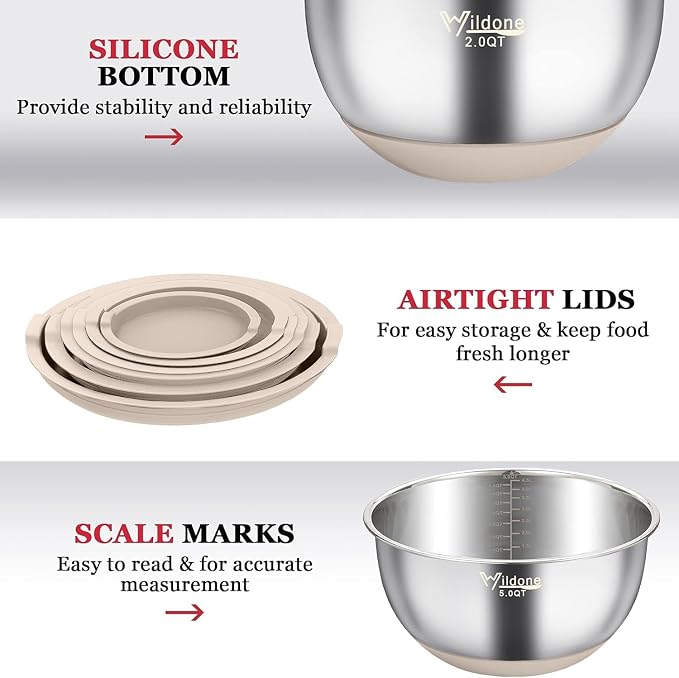 Wildone Mixing Bowls with Airtight Lids, Stainless Steel Mixing Bowls Set | Metal Bowls with 3 Grater Attachments & Non-Slip Bottoms, Size 5, 4, 3, 2,1.5, 0.63QT, Includes Utensil Set for Prep, Khaki - Image 6