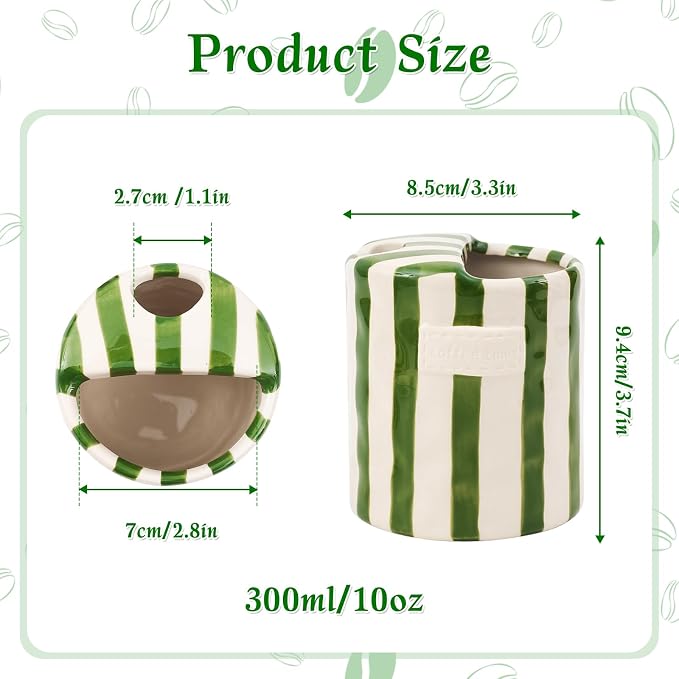 Ceramic Coffee Mug with Sip Hole 10oz Cute Espresso Cup | Unique Hand-Drawn Green and White Striped Design, Microwave and Dishwasher Safe, for Kitchen Dining, Office, Holiday Gift - Image 3