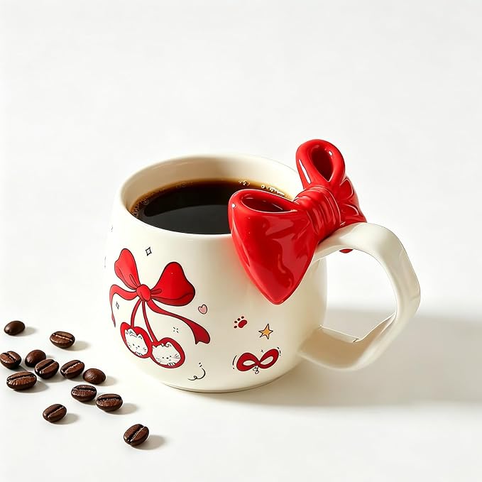 DTIUYIOP-Kawaii Red Bow Cherry Cat Ceramic Coffee Mug with 3D Red Bow and Bow Spoon, Large Curved Handle Cute Kitty Tea Cup, Coquette Aesthetic Gift for Women Girls Birthday Valentine’s Day Christmas - Image 4
