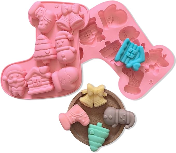 2 Pcs Christmas Silicone Molds for Chocolate,Cute Sock Shape 3D Chocolate Silicone Mold Gloves, Bells, Santa Claus Design 14-Cavities Candy Moulds for Christmas Winter Theme Candy Pudding Jelly Making