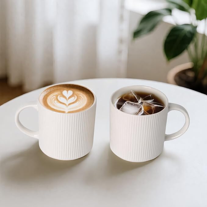 MONITO 16Oz Coffee Mugs Set of 4, Rustic Ceramic Coffee Cups Set with Large Handle, Vintage Striped Stoneware Coffee Mugs for Latte, Cocoa, Tea, Milk, Microwave & Dishwasher Safe, White - Image 3