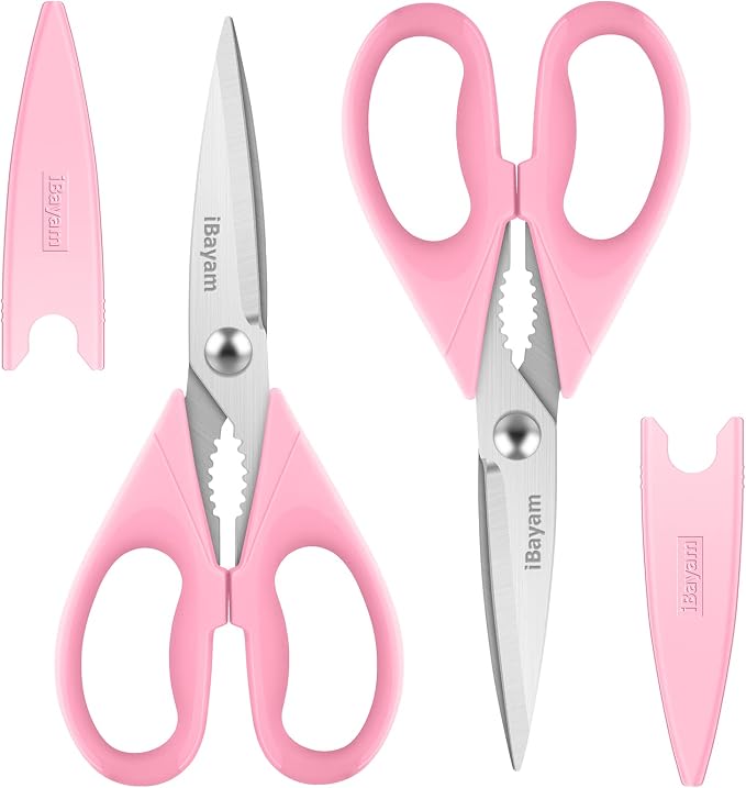 iBayam Pink Kitchen Scissors All Purpose Heavy Duty & Comfort Grip & Cover | 2-Pack Pink Kitchen Utensils Gadgets for Cooking & Baking, Dishwasher Safe, 8.7" Stainless Steel Sharp Scissors Food Poultry by iBayamDirect