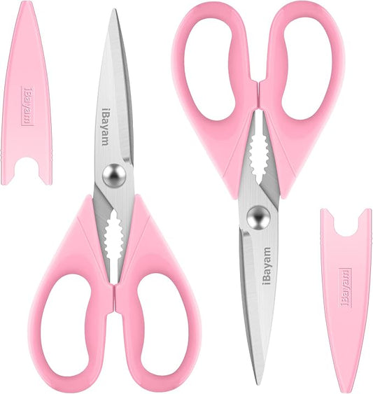 iBayam Pink Kitchen Scissors All Purpose Heavy Duty & Comfort Grip & Cover | 2-Pack Pink Kitchen Utensils Gadgets for Cooking & Baking, Dishwasher Safe, 8.7" Stainless Steel Sharp Scissors Food Poultry by iBayamDirect