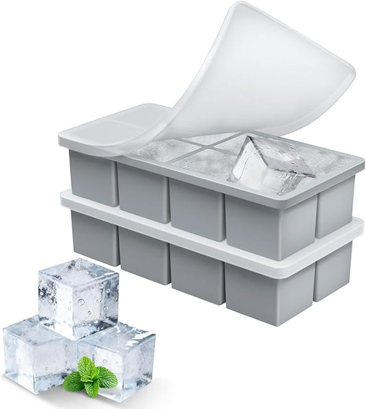 Large Ice Cube Molds, 2 Pack Easy Release Ice Trays for Freezer with Lid, Stackable Square Big Silicone Ice Cube Tray BPA Free Slow Melting for Bourbon Whiskey, Cocktails, Iced Coffee (Grey)