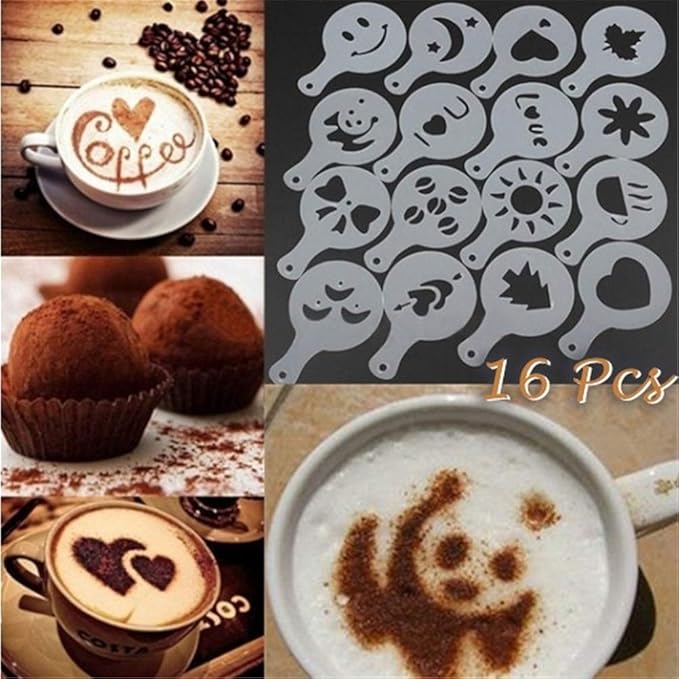 Coffee Foam Template, 16Pcs Plastic Foam Latte Art Stencils Barista Template Various Patterns Art DIY Tools for Decorating Oatmeal Cupcake Cake Cappuccino Hot Chocolate