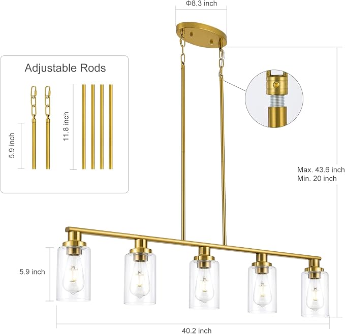 Kitchen Island Lighting, 5-Light Modern Dining Room Light Fixtures Over Table,Farmhouse Gold Linear Chandeliers for Dining Room, Industrial Pendant Lights Fixture with Clear Glass Shade - Image 3