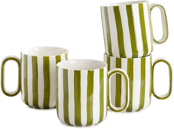 Ceramic Coffee Mugs Set of 4, 15 oz Stoneware Coffee Cups with Handle | Aesthetic Green Stripe Latte Tea Mug for Latte Tea Hot Chocolate, Microwave and Dishwasher Safe (15 oz) by Unknown
