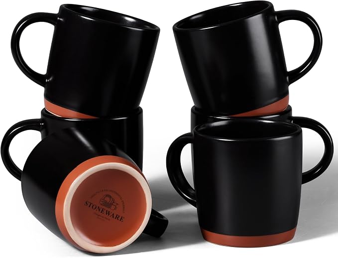 E-far Ceramic Coffee Mug Set of 6, 12oz Stoneware Coffee Cup with Handle, Porcelain Tea Cups, Modern Farmhouse Latte Mug Gift Set for Women & Men, Microwave Safe, Matte Black by E-far