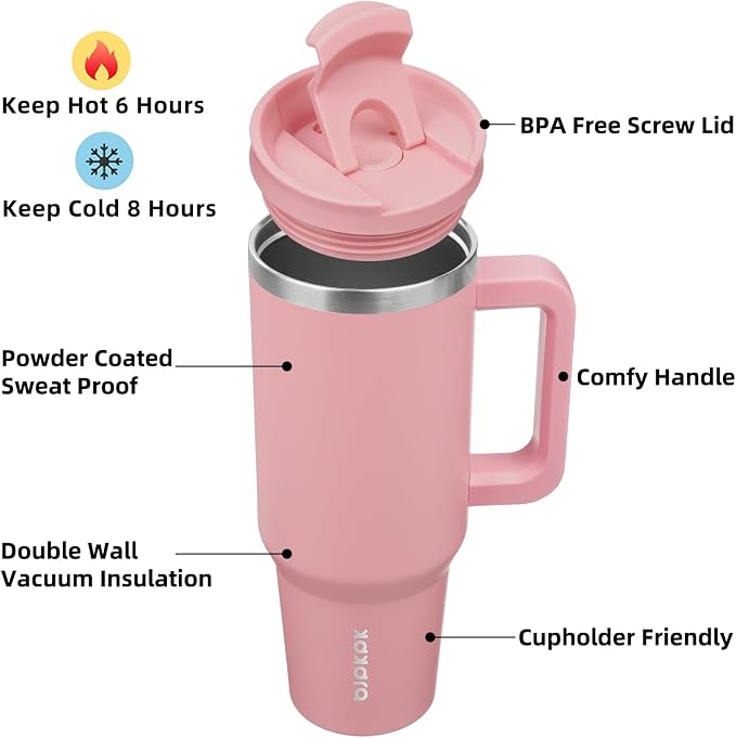 BJPKPK 40 oz Insulated Tumbler with Handle & Straw, Stainless Steel | Double Wall Vacuum Insulation, Leak Proof, BPA Free, Dishwasher Safe, Cupholder Friendly, Travel & Outdoor, Light Pink - Image 2