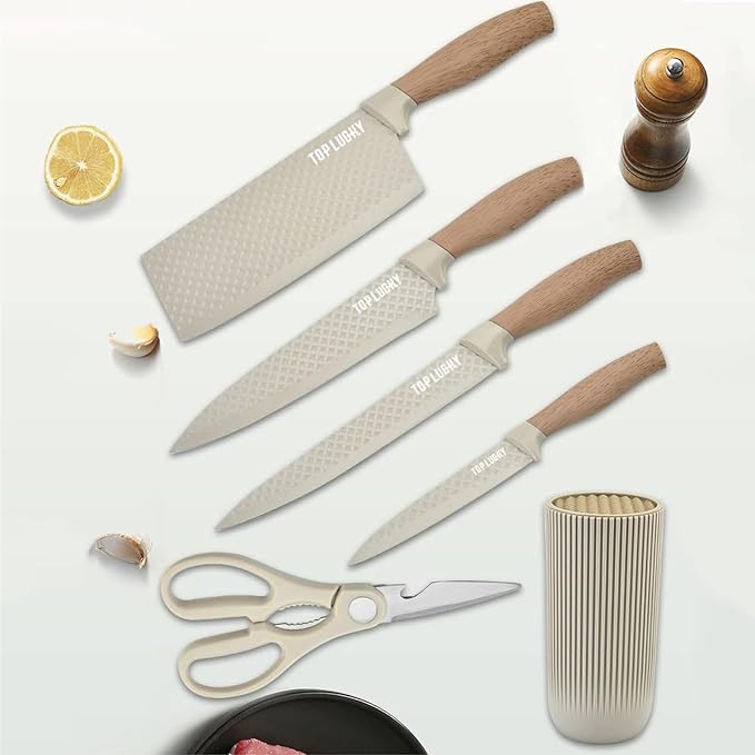 Kitchen Knife Set, Retrosohoo 6-Pieces Khaki Sharp Knife Block Sets for Kitchen, Non-stick Non-slip Stainless Steel Chef knives with Universal Block Suitable for Home Restaurant (Khaki) - Image 6