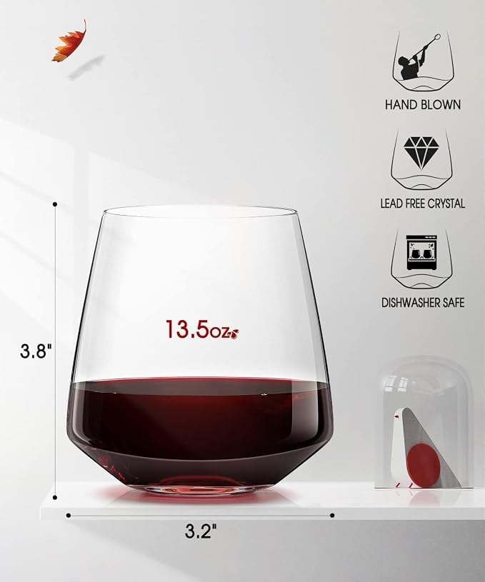 OJA Wine Glasses Set, Crystal Stemless Red Wine Glass, Set of 6, 13.5 oz | Dishwasher Safe, Red White Wine glass, Hand Blown, Unique Gifts for Him Her for Birthday, Wedding, Christmas, Anniversary - Image 5