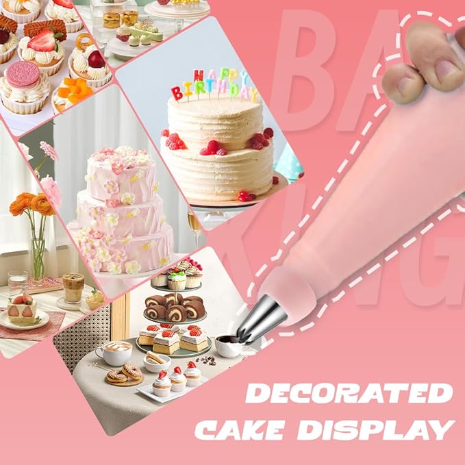 Pink Cake Decorating Supplies, spring baking kit pastel pink cake turntable kit with 10 Piping Tips, 50 Piping Bags, 2 Spatulas,3 Icing Scrapers,Pink baking supplies for girly cake decorating