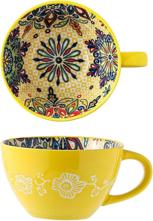 Yellow Ceramic Mug, Bohemian Hand-Painted, 15 Oz Large Coffee Cup for Milk, Tea, Breakfast, Dishwasher & Microwave Safe Cup by Unknown